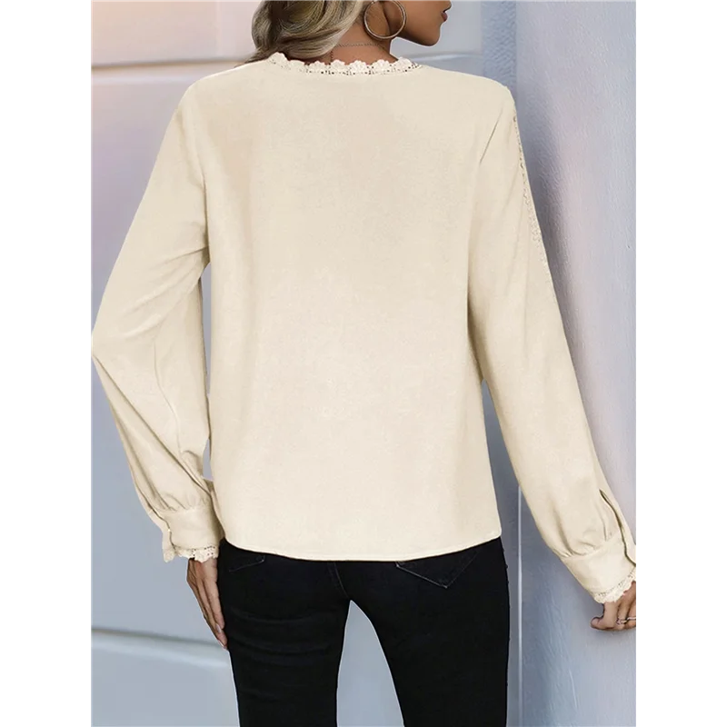 

ABRT-Womens Button Down Shirts Lace Cuff Long Sleeve Chiffon Dressy Tops Band Collar Fall Business Casual Blouses