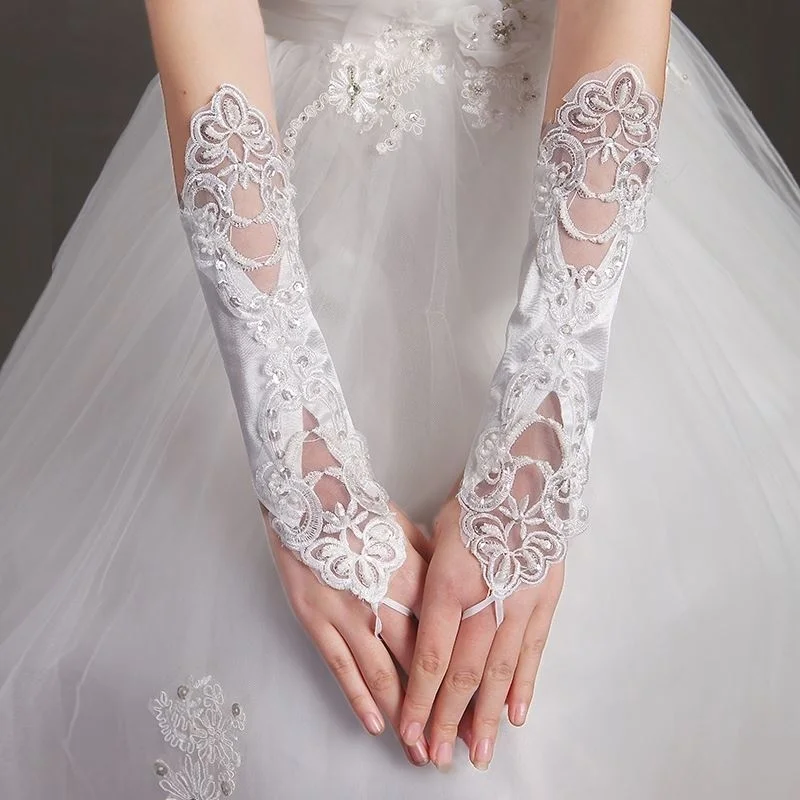 ผู้หญิง Lace SATIN Fingerless Long ถุงมือเจ้าสาวงานแต่งงานอุปกรณ์เสริมในงาช้างสีขาวและสีแดง