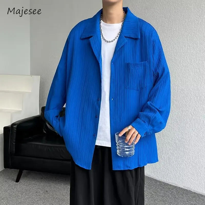 

Long Sleeve Shirts Men Temperament Handsome Chic Spring Autumn Solid Color Pocket Pleated Korean Style Male Classic Streetwear