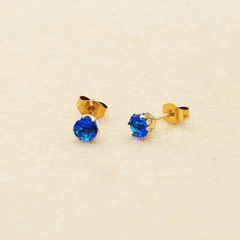 5mm AAA Round Colorful Green Royal Blue Zircons Stud Earrings With Stianless Steel Needle Brief Jewelry No Allergy