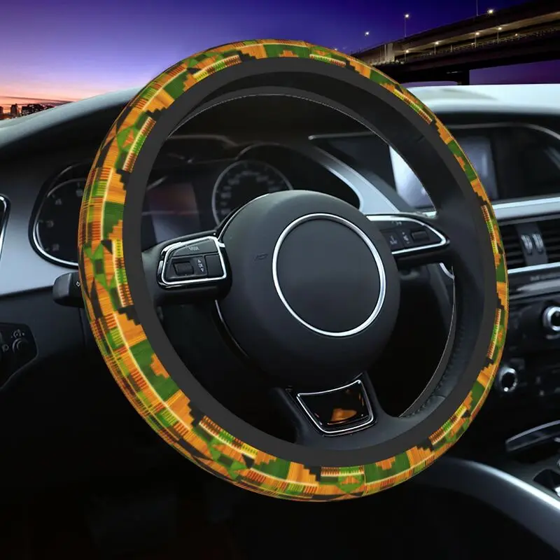 African Kente Cloth Design Steering Wheel Cover for Women Traditional Africa Ethnic Art Steering Wheel Protector 15 inch