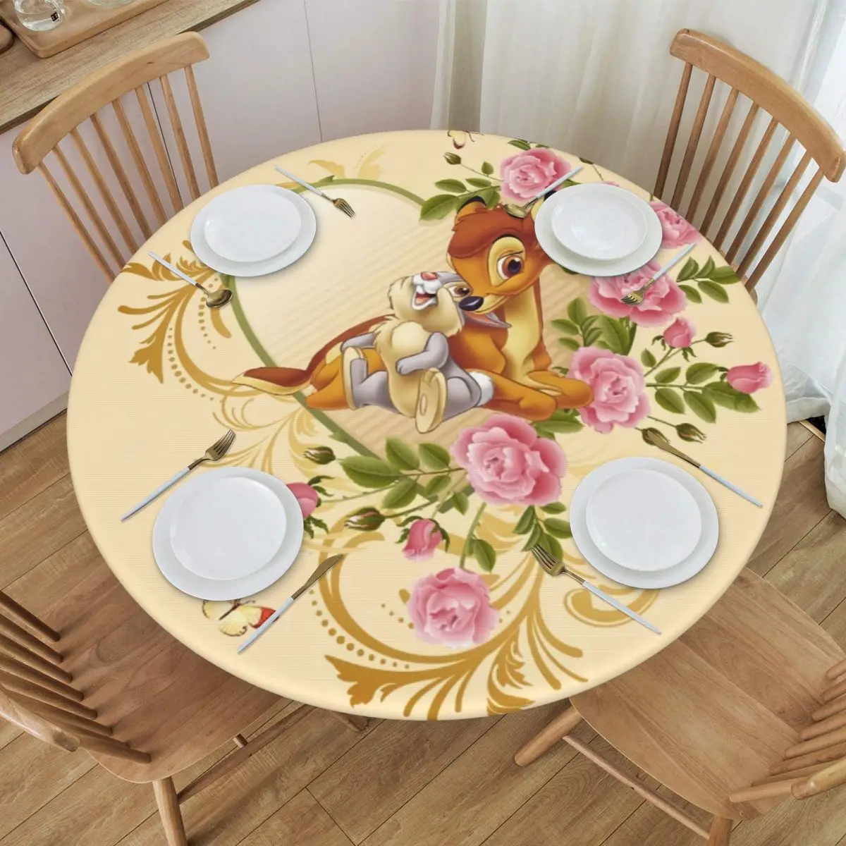 Customized Round Fitted Disney Bambi Animated Movies Table Cloth Waterproof Tablecloth Table Cover Backed with Elastic Edge image 3