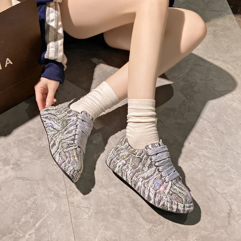 2024 ženy krajky nahoře tenisky glittery podzim plochý vulkanizované dámy bling ležérní ženské móda platforma zapatos de mujer boty