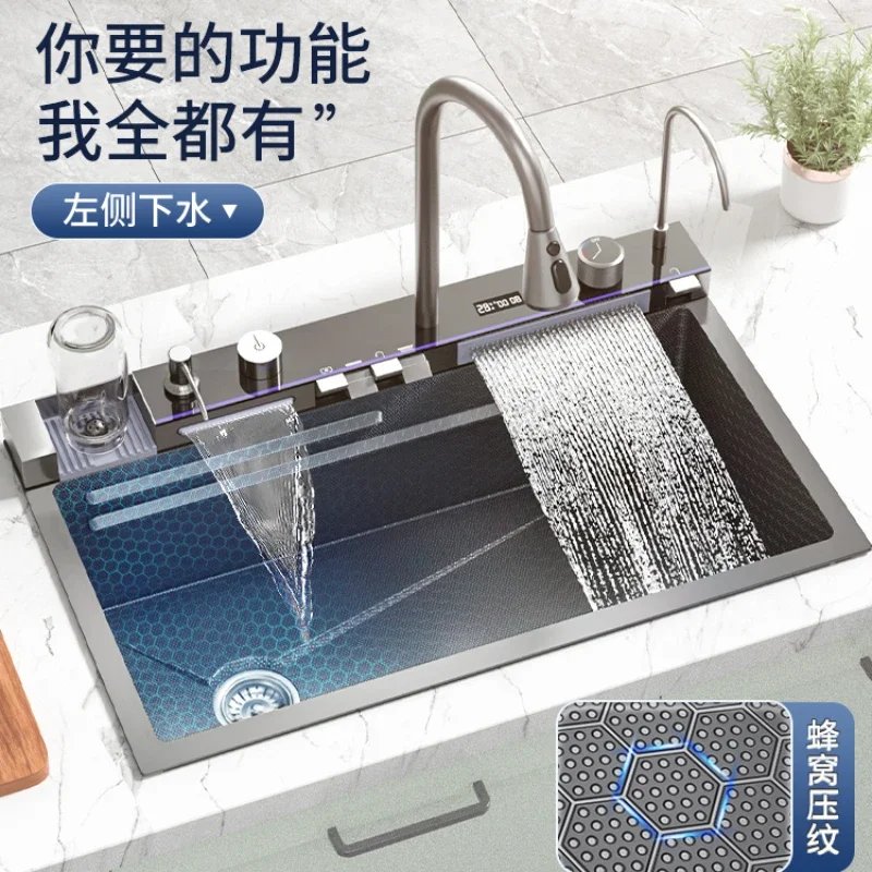 Sink Digital Display Washing Basin Ambience Light Kitchen Large Single Sink Washing Dishes Left Side Water