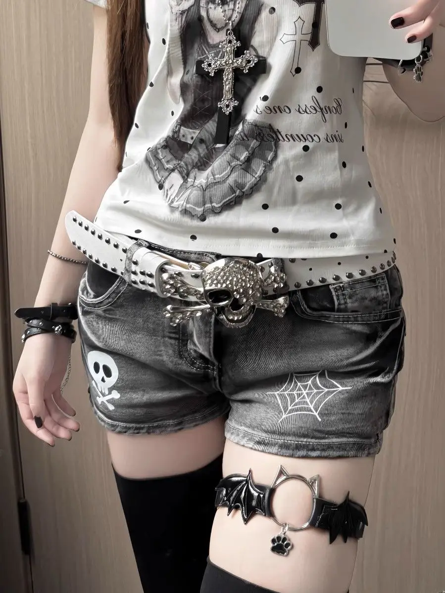 

Облегающие короткие джинсы в американском стиле ретро, женские повседневные шорты с рисунком черепа на молнии, уличная одежда с низкой талией, летние сексуальные винтажные шорты