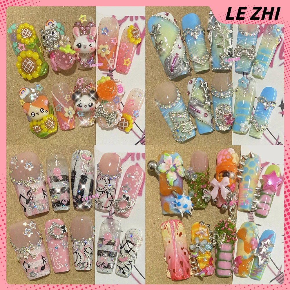 

Y2K Spice Girl Long Square Handmade Full Cover Nails Cartoon Rilakkuma 3D Flowers Diamond Bowknot Pearl French Detachable Nails