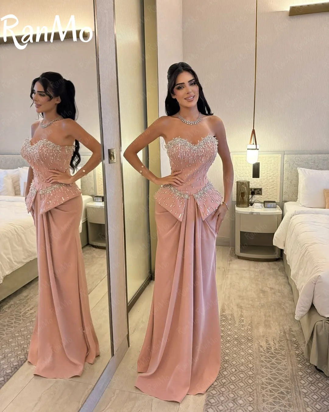 فستان المشاهير العربي بدون حمالات من Ranmo فستان فاخر مطرز على شكل حرف A للحفلات الراقصة من Vestidos De Noche لحفلات أعياد الميلاد مخصص