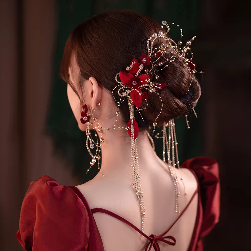 

New Bridal Headpiece Wine Red Flower Pair Earrings Set Water Diamond Tassel Hairpin Toast Dress with Accessories