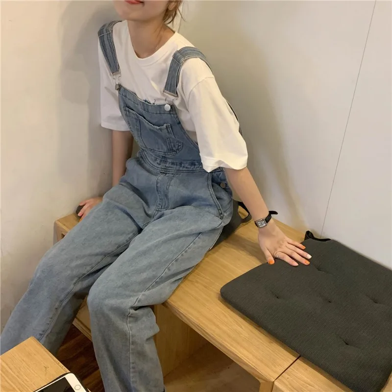 

Light Blue Denim Overalls for Women, Wide Leg Floor-Length Jumpsuit, Vintage Workwear Style for Autumn