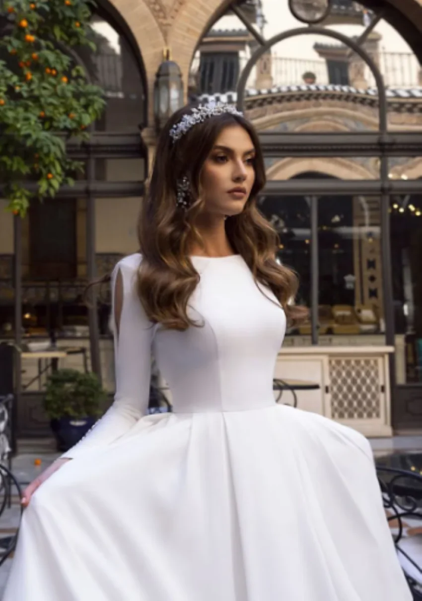 فستان عروس أنيق فيستدو دي نويفا فساتين زفاف إسلامية من الساتان فساتين زفاف الأميرة كم طويل قفطان بدون ظهر