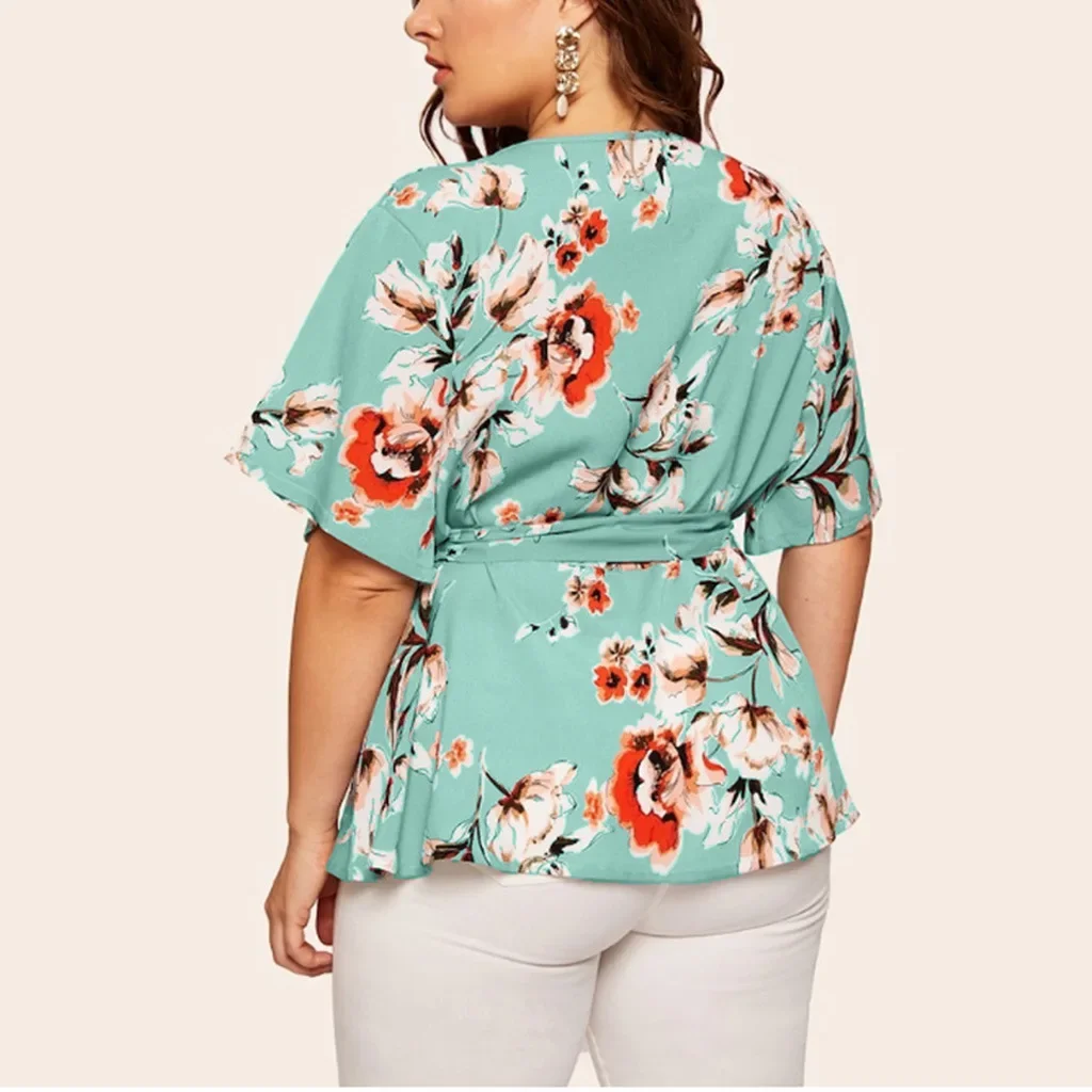 Lockeres übergroßes Chiffon-T-Shirt für Damen, sexy Kleidung mit V-Ausschnitt, kurz ärmelig, bedruckte Taille, 3xl, 4xl, 2024