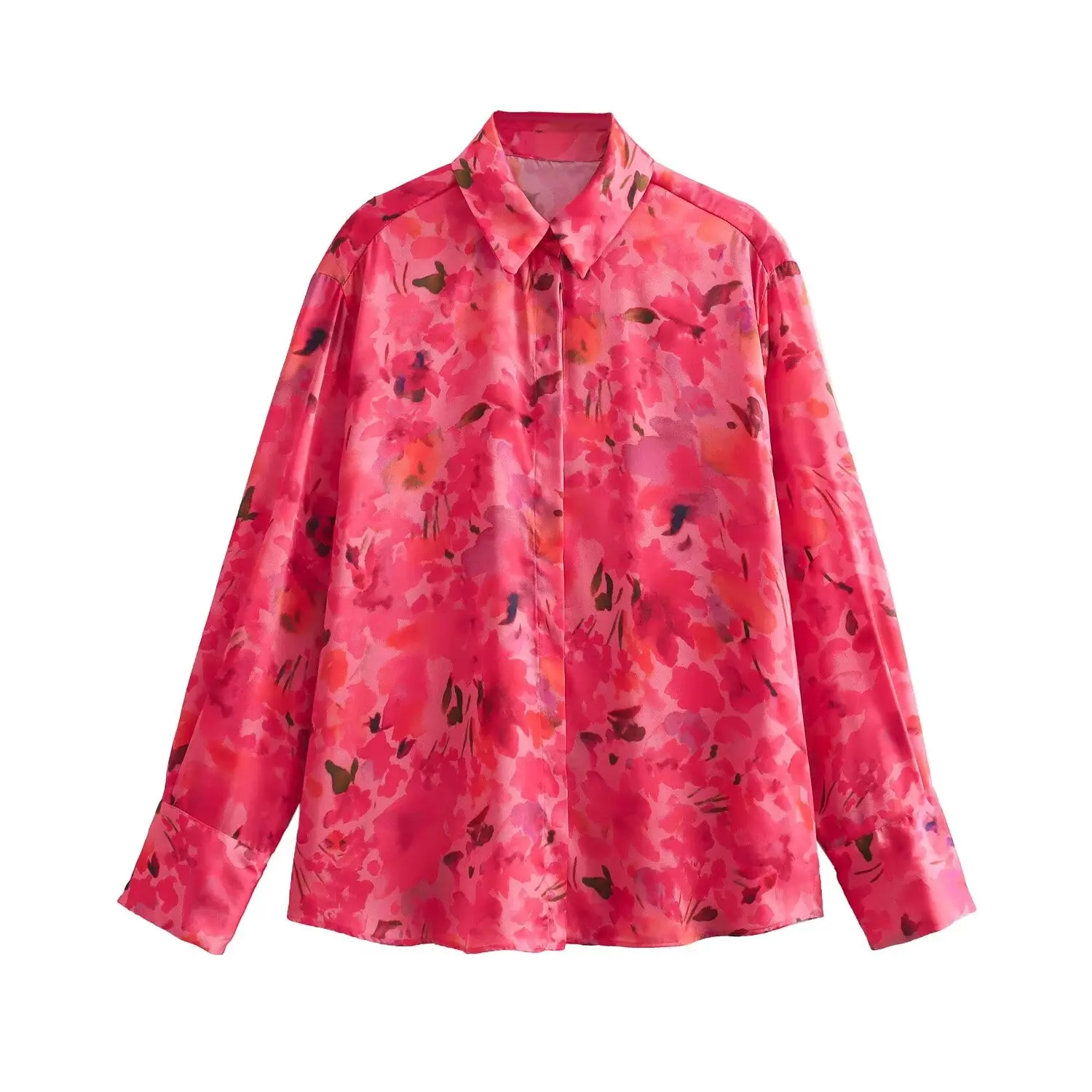 Taop & Za New Flower Shirt da donna popeline Texture Satin Printed Casual Top a maniche lunghe