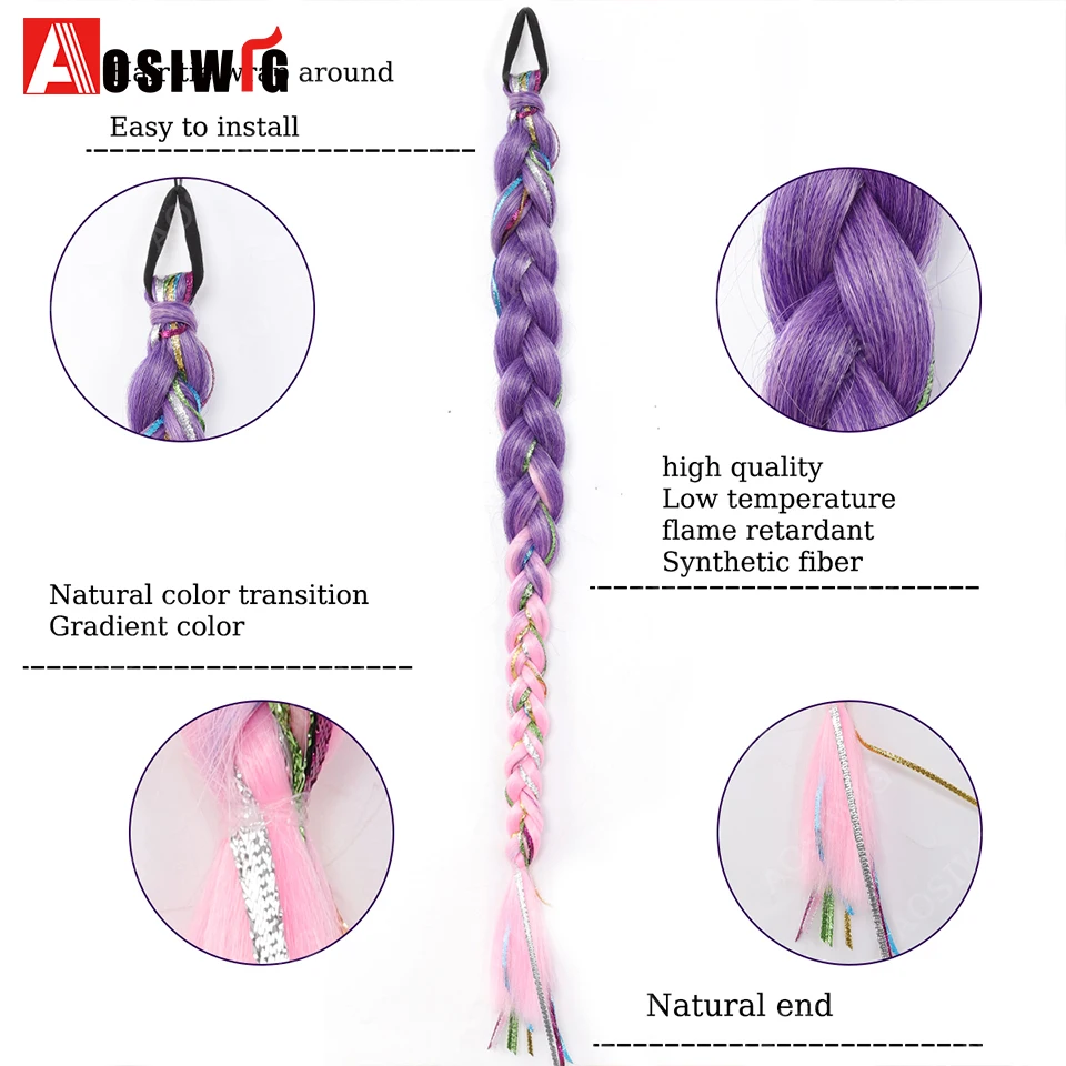 Ombre Purple To Pink Braided Ponytail Hair Extension With Glitter Tinsel Synthetic Braid Hairpiece With Elastic Band
