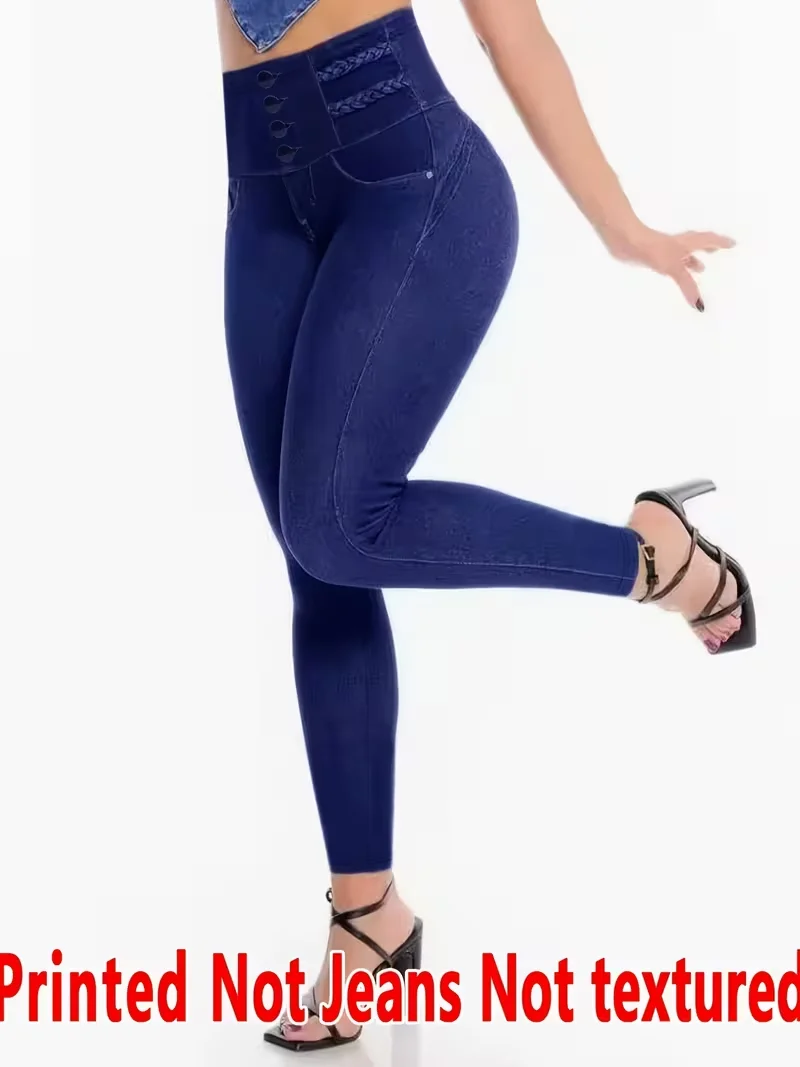 Bedruckte Damenleggings, kein Denim-Stoff, Design mit Scheintaschen und Knöpfen, hochelastische, modische, schmal geschnittene, lässige Skinny-Hose – Detail 1