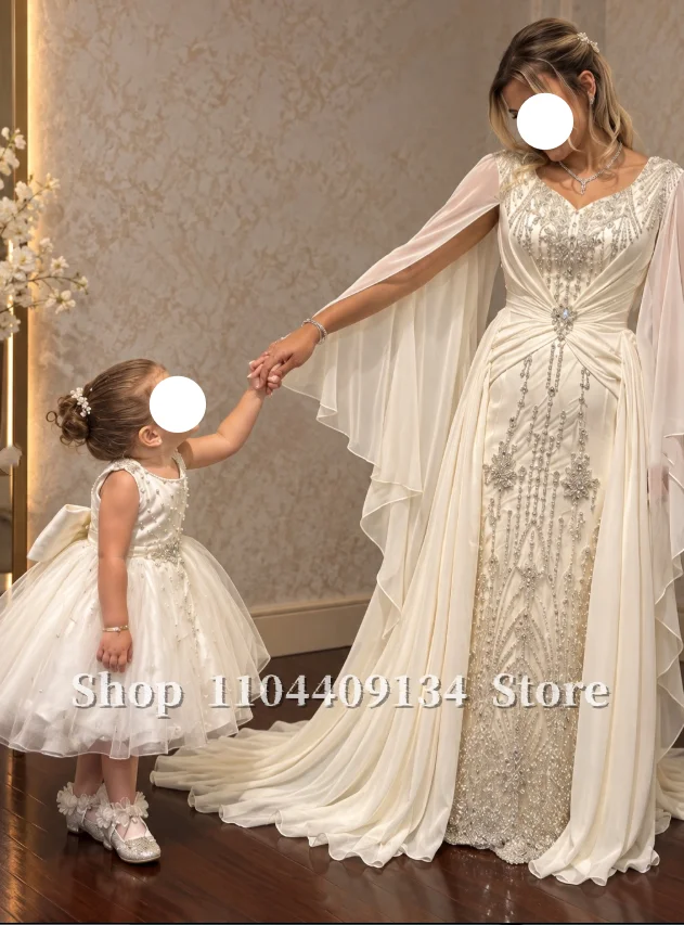 White Chiffon Muslim Wedding Dress Long Flare Sleeve Silver Beaded Mermaid Bridal Gown Arabic Evening Dress Customized
