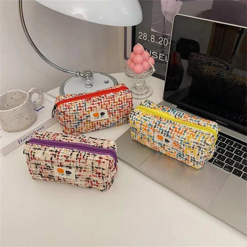 Pencil Case Woven Flower Pattern Zipper Closure Large Capacity Dust-proof Storage Polyester Easy To Carry Stationery Bag