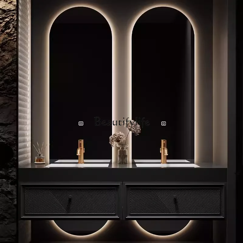 

Hotel wind double basin bathroom cabinet combination light luxury wind rock slab bathroom washstand customization