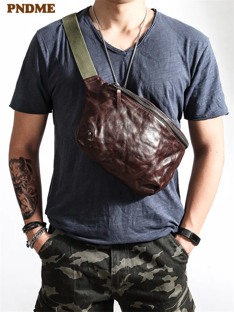 Bolso de pecho Vintage de cuero genuino de lujo de alta calidad para hombre, riñoneras de piel de vaca informales a la moda, bolsos de mensajero, bolso con cinturón para adolescentes