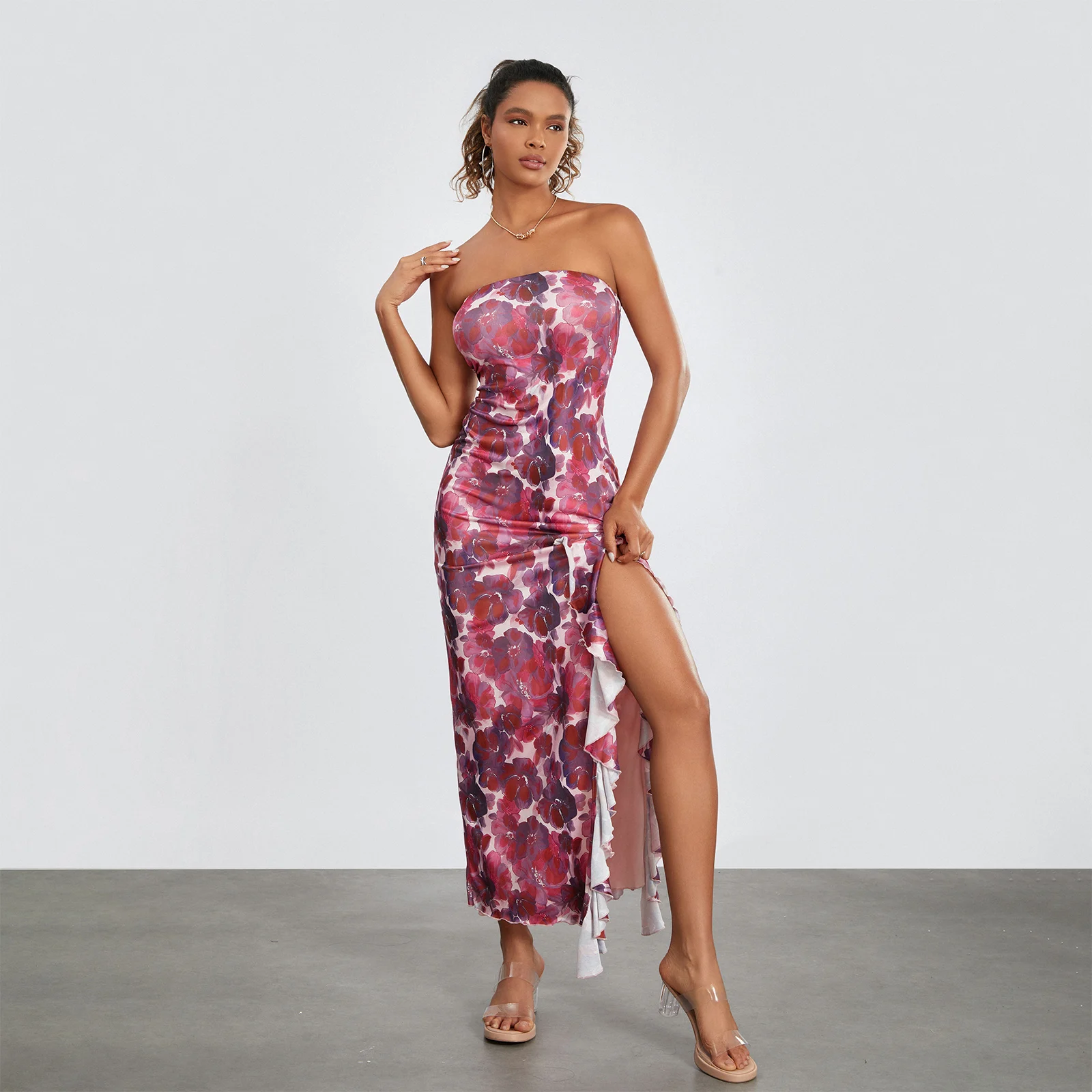 

Women Summer Party Club Tube Dress Sleeveless Strapless Backless Flower Print Ruffle Slit Dress for Cocktail