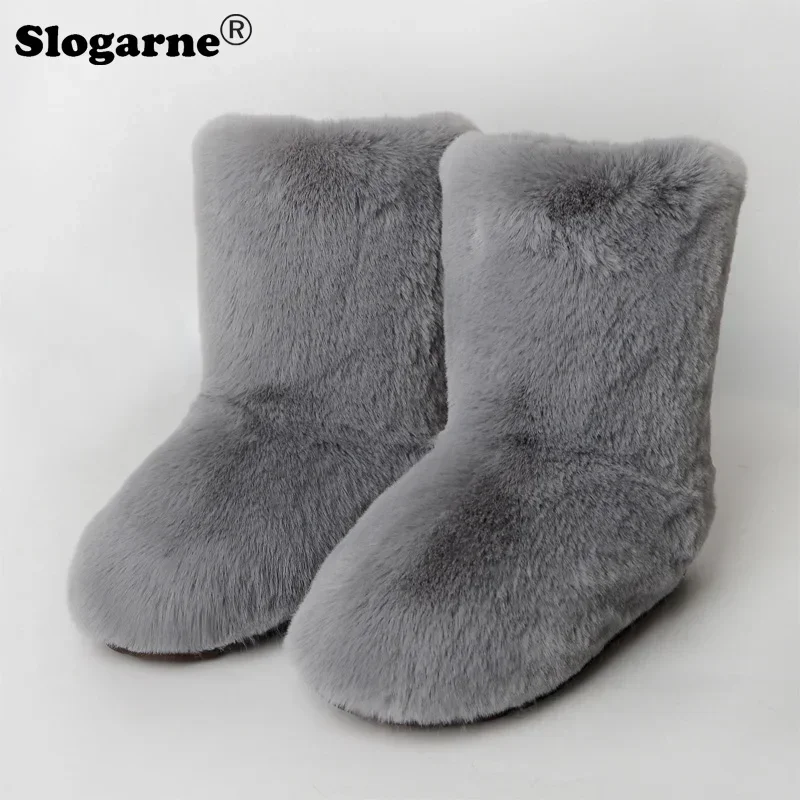 Women New Snow Boots Outdoor Fashion Faux Rabbit Fur Boots Female Fluffy Luxury Furry Bottes Warm Mid-Calf Plush Winter Shoes