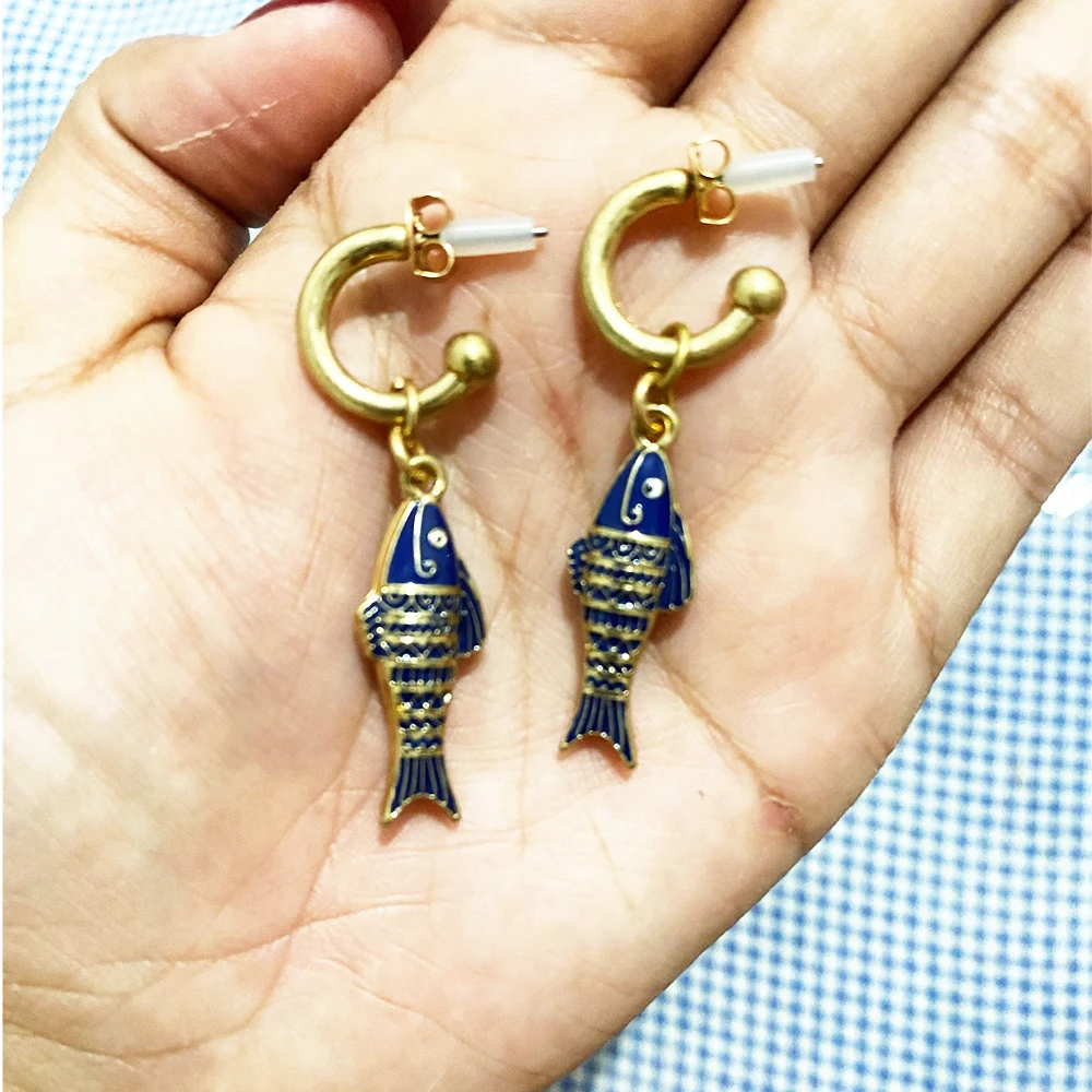 

Blue Fishing Pendant Earrings Bohemian Chic Marine Life Charms Dangle Women Girls C-Shapled Statement Earring Gift
