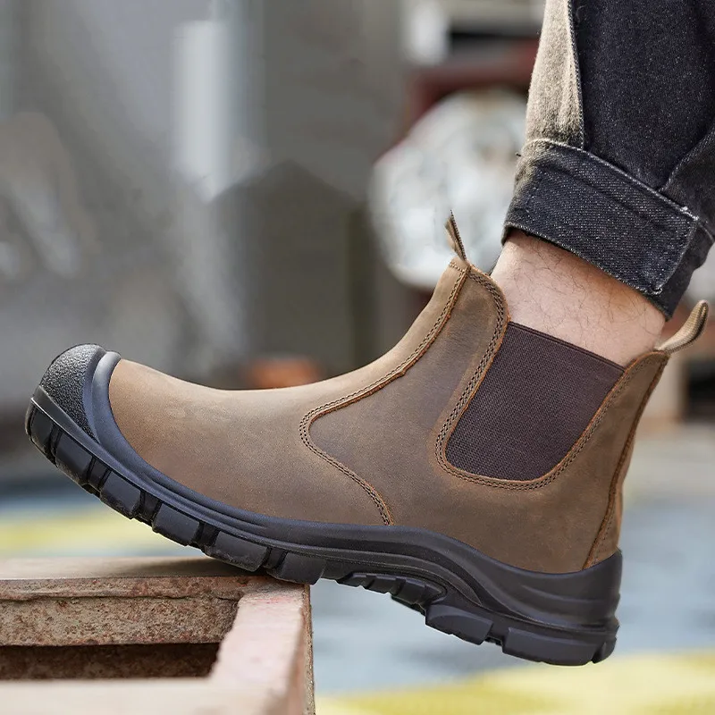 large size men\'s fashion steel toe covers work boots cow leather safety shoes black brown worker chelsea botas protect footwear