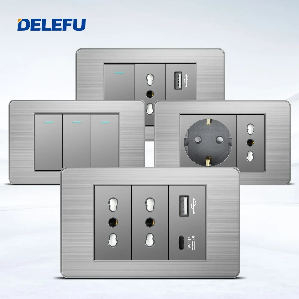 DELEFU Black Stainless steel  Italy Standard Home Office EU Outlet USb Type C Chile Korea Wall Socket Light Pressure Switch 118