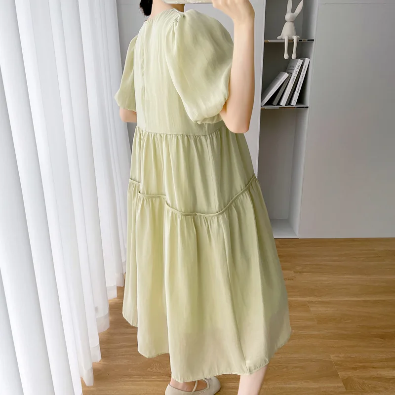 Abiti premaman in Chiffon coreano vestiti estivi per le donne incinte Casual Solid o-collo manica a sbuffo eleganti abiti da gravidanza