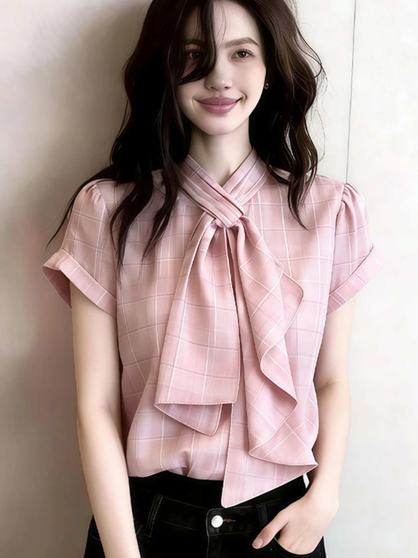 

Trendy Short Sleeve Plaid Shirt Women's Fashionable Korean Style Commute Wind Sweet Youthful Design Poetic Lin Summer 2026