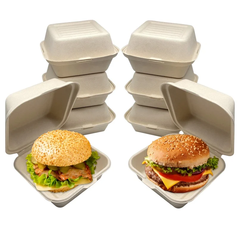 Bagasse Burger Hamburger Box Embalagem, Recipiente De Alimentos, Cana De Açúcar, Compostável, Produto Personalizado