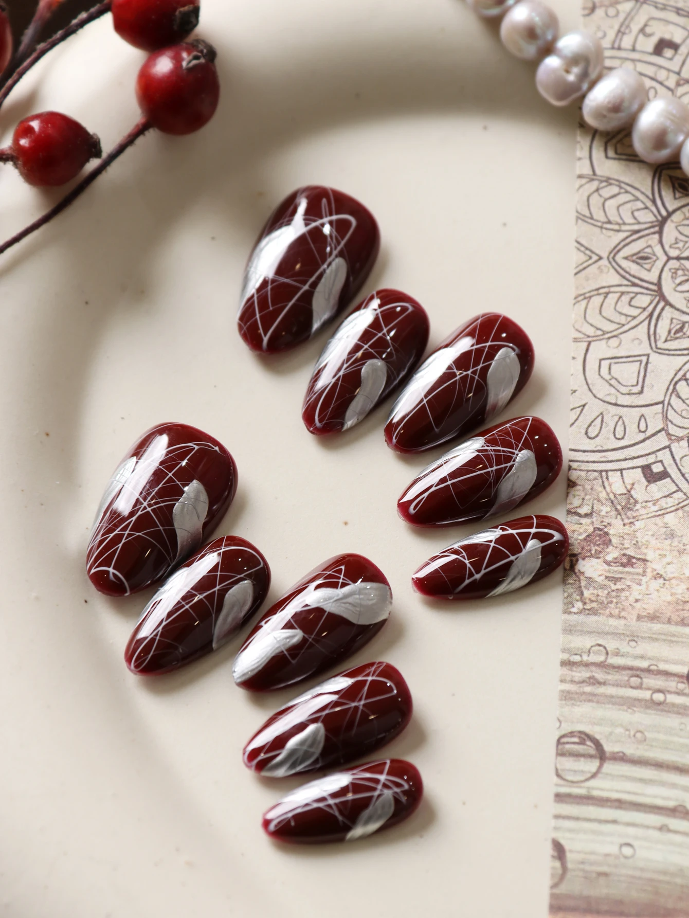 10Pcs Acrylic Press on Red Nails with Silver Thread Fake Nails Includes 1 Sheet of Adhesive Tabs & 1 Pc Mini File