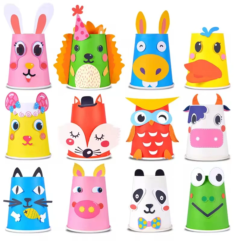 Creative DIY Handmade Paper Cups 12 Styles Set Children Sticker Colorful Funny Paper Cups Crafts Animal Paper Toy Cup With Tape