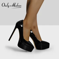 Onlymaker Women Pointed Toe Platform Pumps Concise Slip On Thin High Heels Patent Leather Matte Black Big Size Elegant Shoes