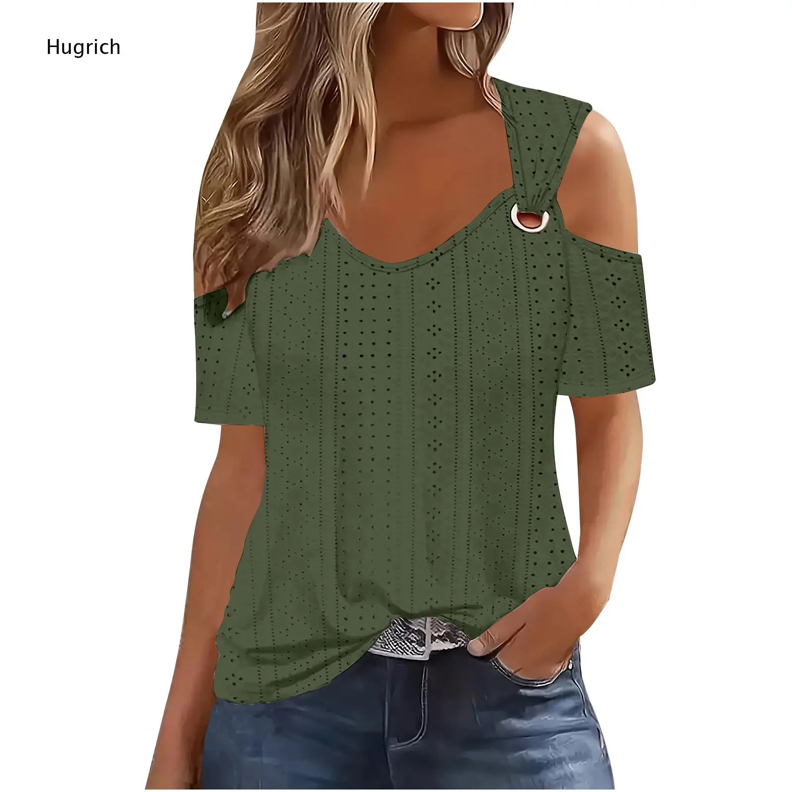 Ladies Soft Hollow Eyelet Knit Tunic Top V Neck One Cutout Shoulder Metal Ring Detail Short Sleeve Loose Daily Wear Shirt