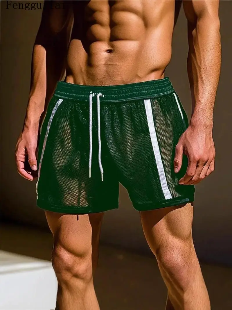 Mens Breathable Mesh See Through Shorts Striped Side Detail Drawstring Waist Loose Summer Beach Swim Casual Shorts