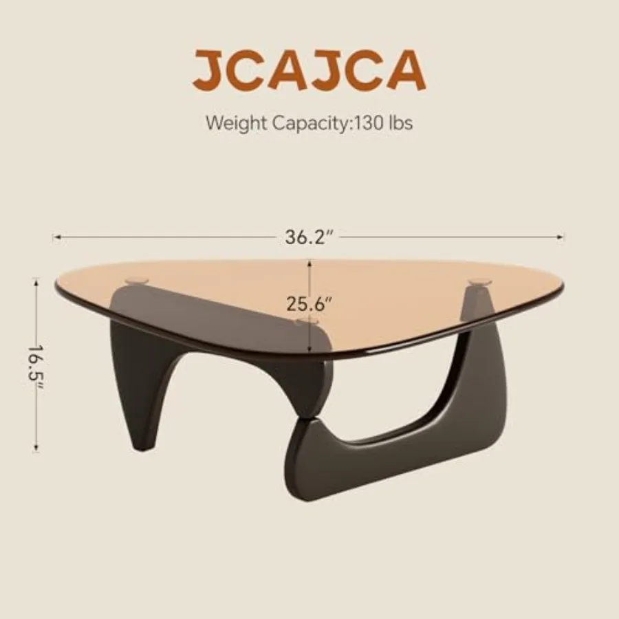 Stolik kawowy do salonu w stylu mid-century modern z szklanym blatem i drewnem dębowym, brązowo-czarny.