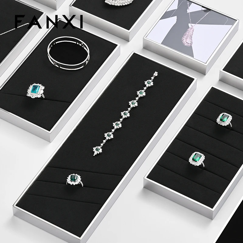 FANXI Light Luxury Jewelry Display Prop High grade Metal Superfiber Necklace Ring Counter Jewelry Display Shelf black