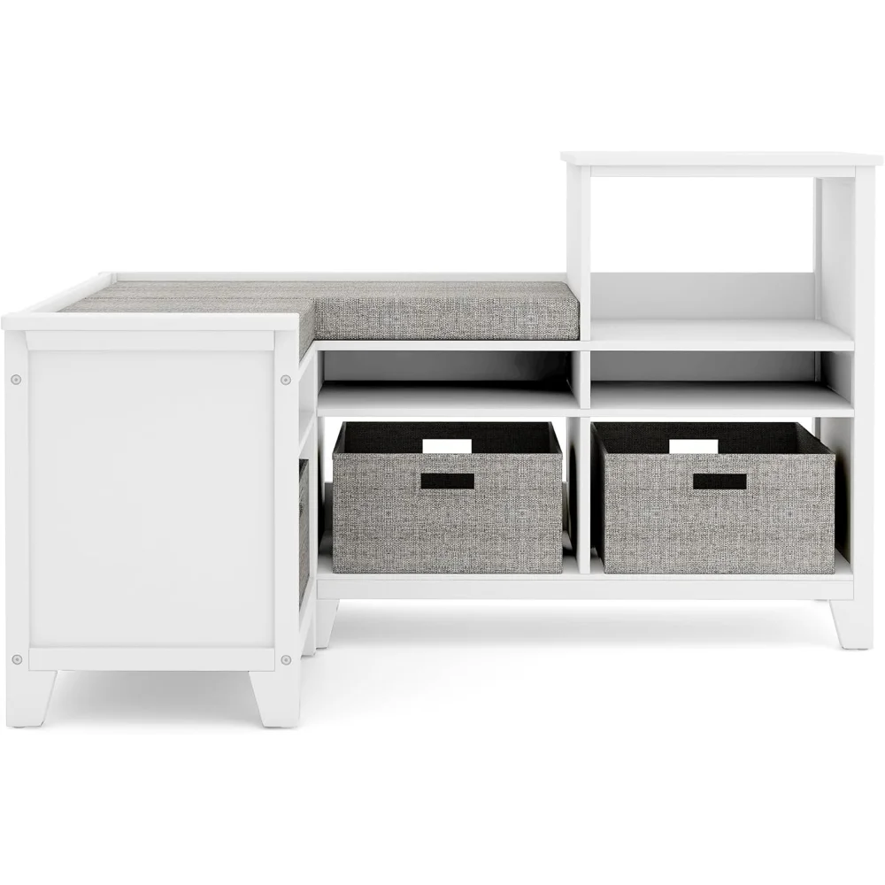 Angolo angolare per bambini - Lino bianco: panca portaoggetti in legno, organizer per libreria con cuscino del sedile e contenitori in tessuto