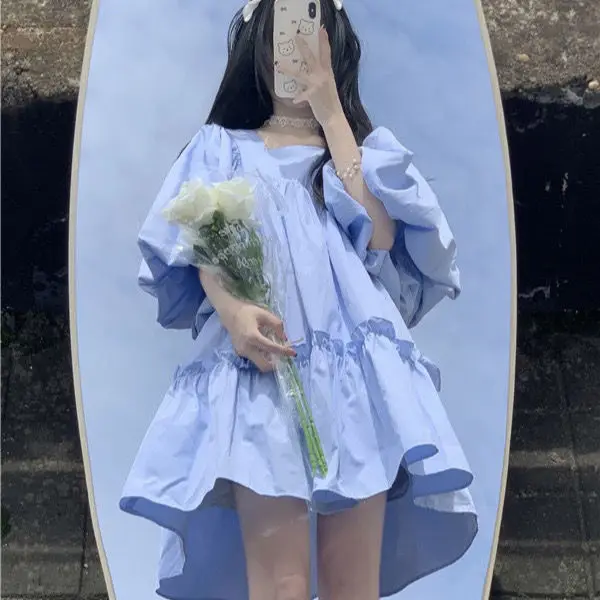 Japanese Sweet Dress Women Cute Puff Sleeve Blue Loose Mini Dress Women Summer Kawaii Style Vintage Fairy Dress New 2022