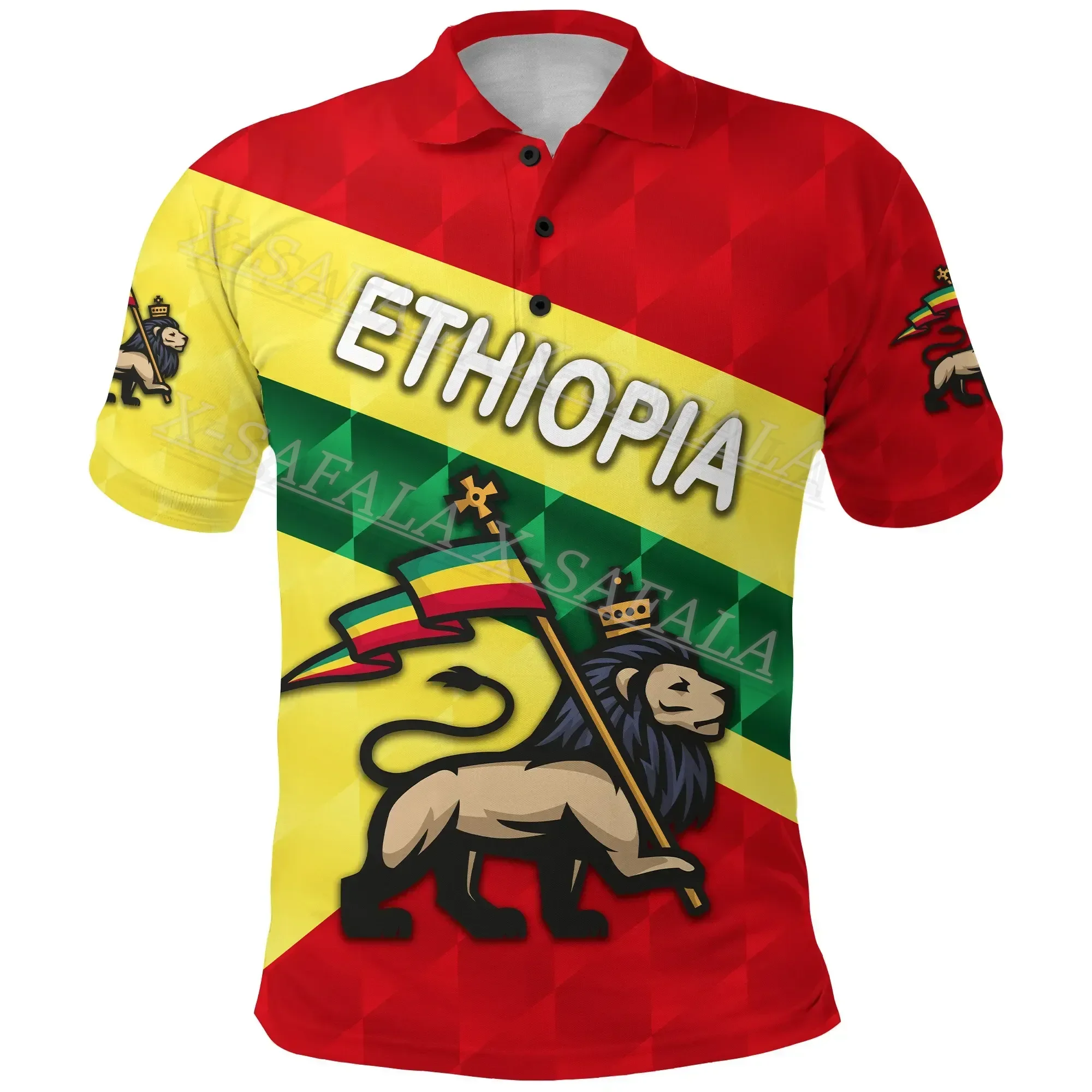 

Ethiopia Color Lion Country Emblem National Polo Shirt Customed Name Mens Black And White Basket Personalized Disc Golf Shirts-4