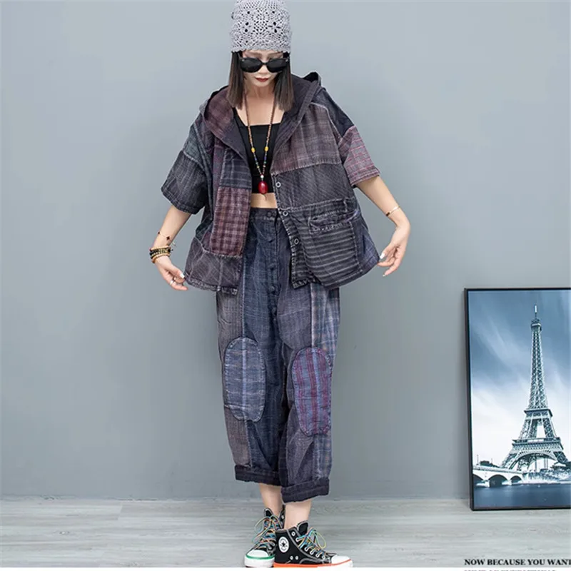 

Fashion Patchwork Cardigan Short Sleeved Single Breasted Jacket Casual Harem Pants 2 Piece Set Women's Summer Loose Cowboy Suit