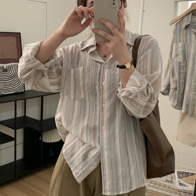 Striped Printing Women Shirt Turn Down Collar Tops Loose Casual Long Sleeve Blouse Office Lady Elegant Clothing