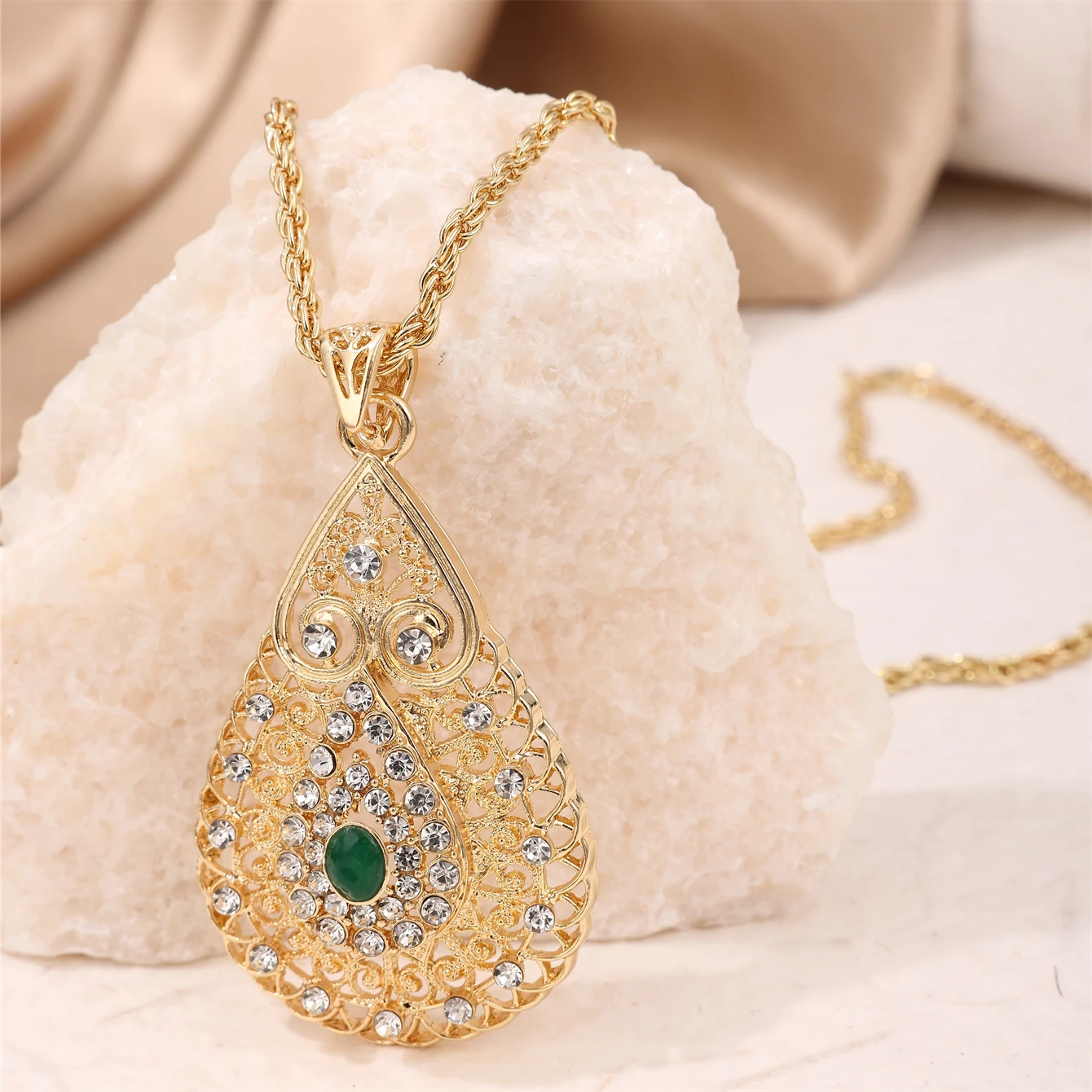 Moroccan Bridal Chain Necklace Water Drop Shape Rhineston Pendent Middle Easten Woman Caften Head Jewelry