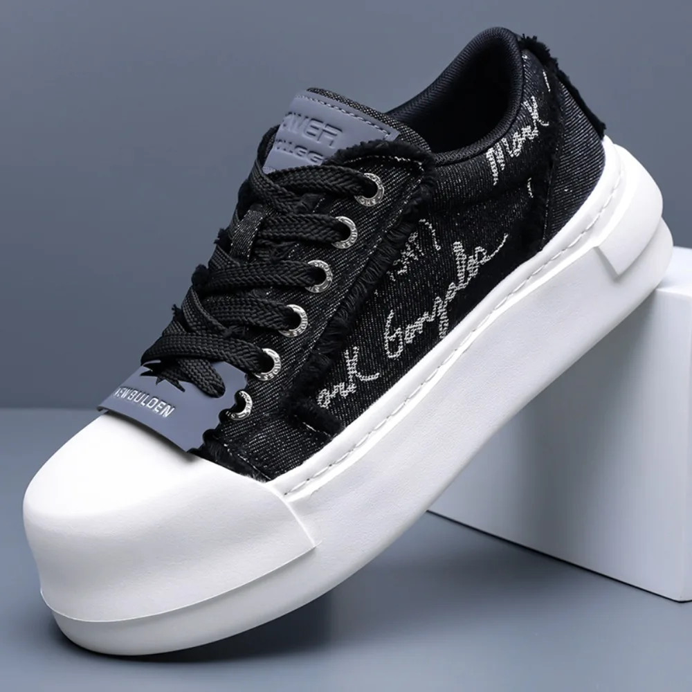 

Men's Black White Canvas Sneakers Deconstructed Design Thick Sole Lace-up Casual Board Shoes for Street Fashion