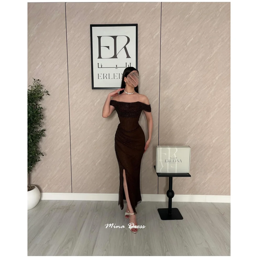 

Mina Customized Brown Luxurious Women's Evening Dresses for Special Occasions Dropped Shoulders Folds Slit Luxury Party Dress