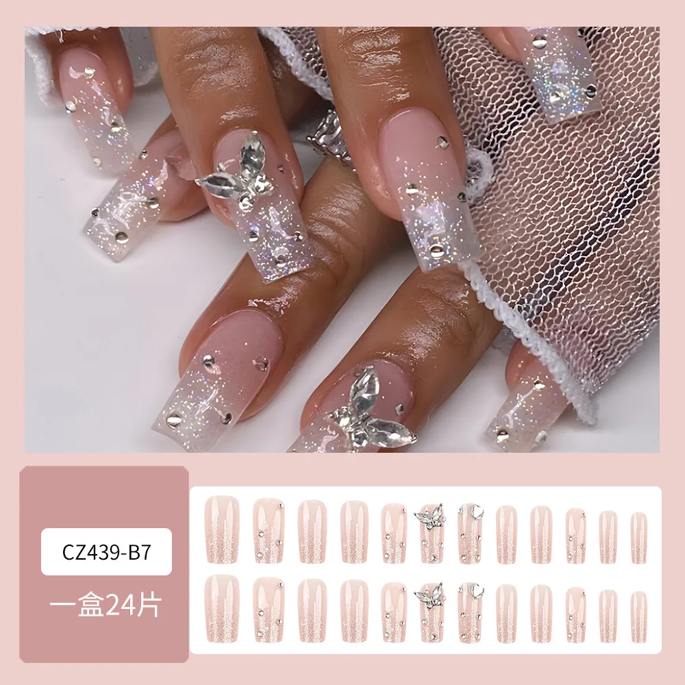 24pcs Flash Diamond Fake Nail Tips Glitter Sequins French Style Butterfly Designs Press On Nails Light Luxury Coffin False Nail