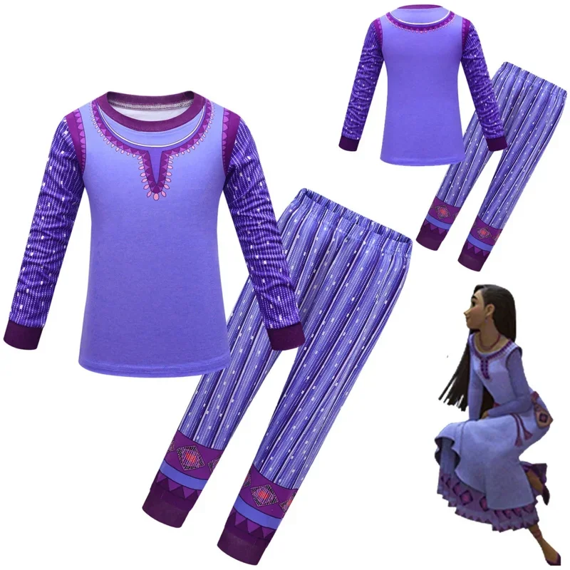 3-10y New Movie W-Wish Asha Cosplay Costume Asha Princess Purple pajamas suit Cosplay Halloween Masquerade comfort Costume Girls