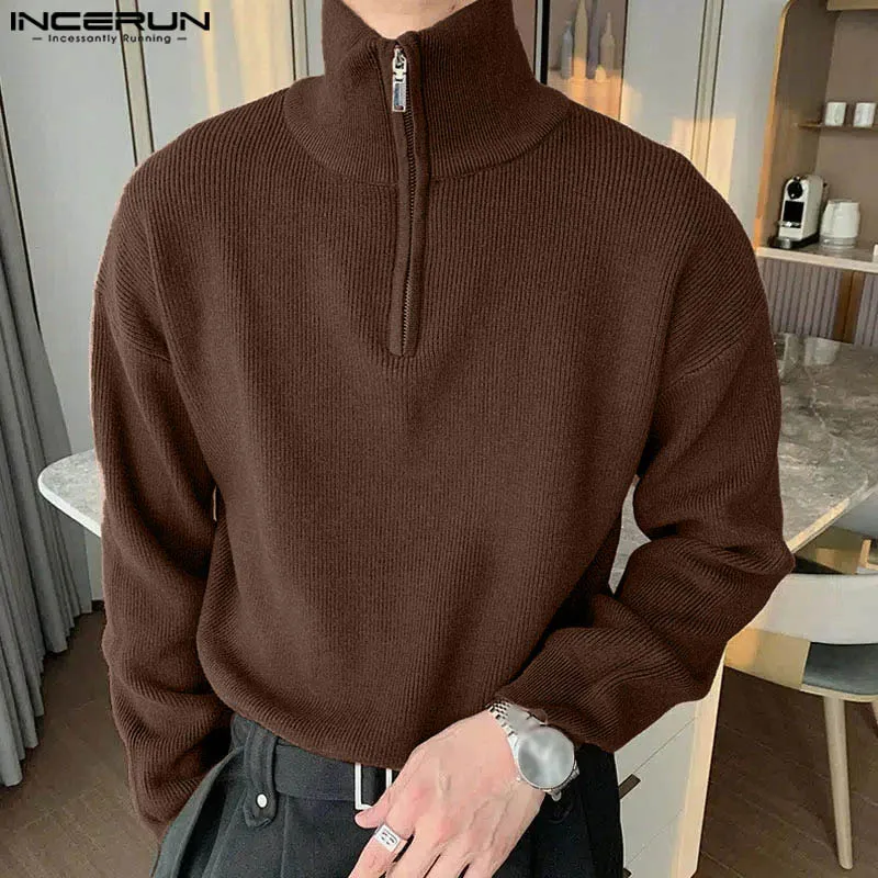 INCERUN Men's Pullovers Solid Color Lapel Long Sleeve Zipper Knitted Casual Male Sweaters Streetwear 2024 Fashion Men Clothing