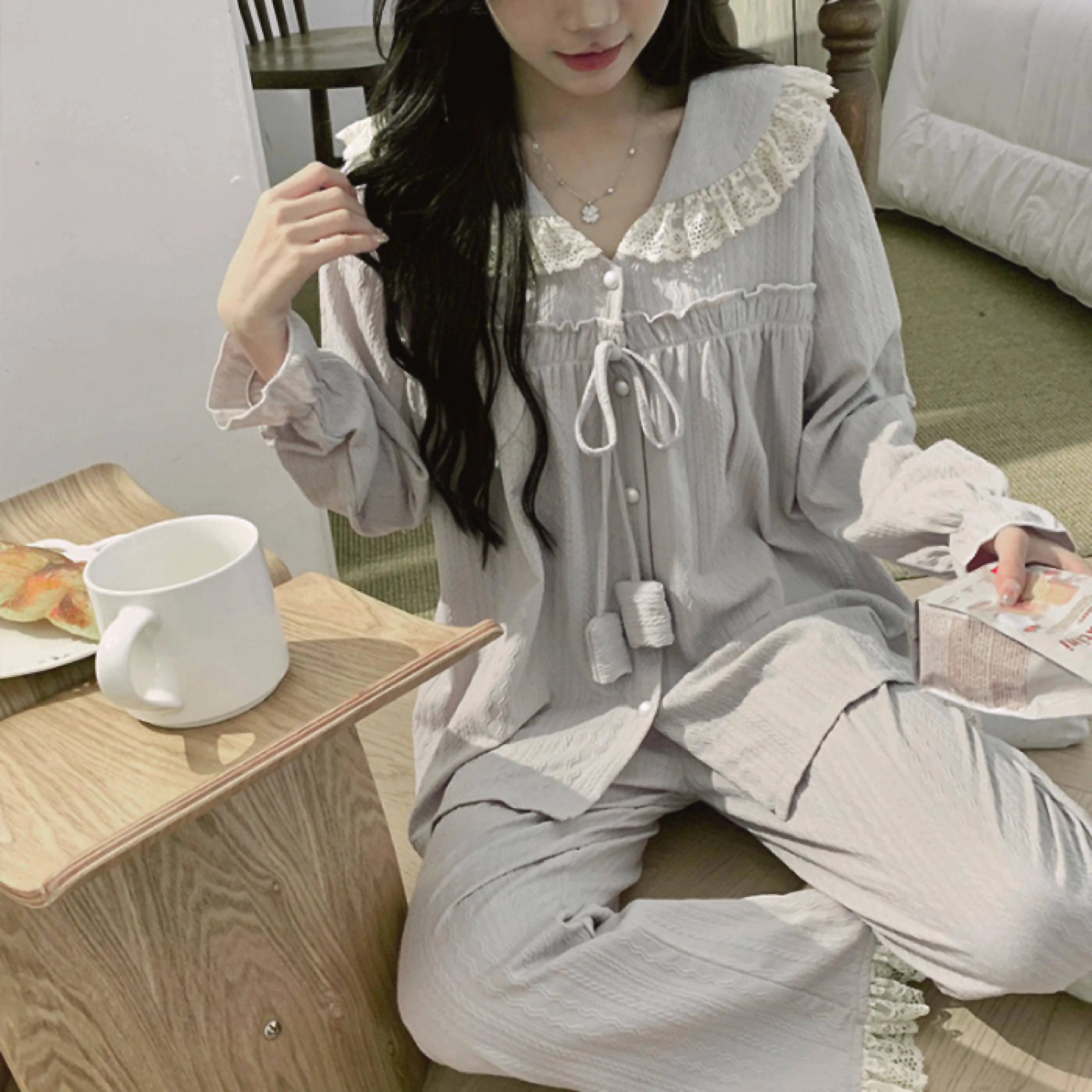 

Черные пижамные комплекты для женщин из бамбука, двухслойные, влагоотводящие, с открытыми плечами, длинными рукавами, брюки до щиколотки, всесезонная ночная одежда OL