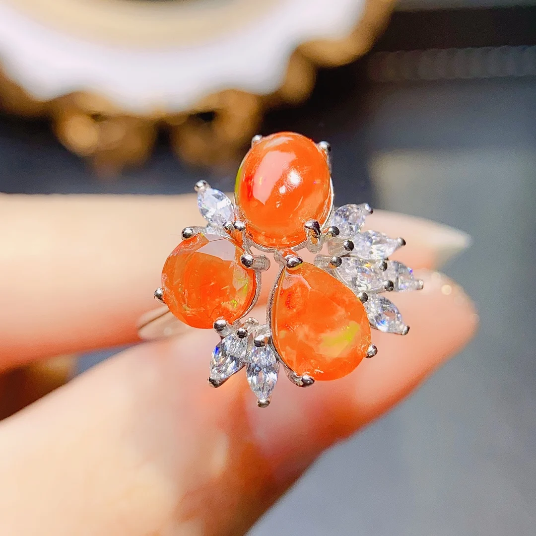 Beautiful Natural Orange Fire Opal Three Stone Ring 925 Sterling Silver Birthstone Fire Opal Engagement Promise Rings For Women